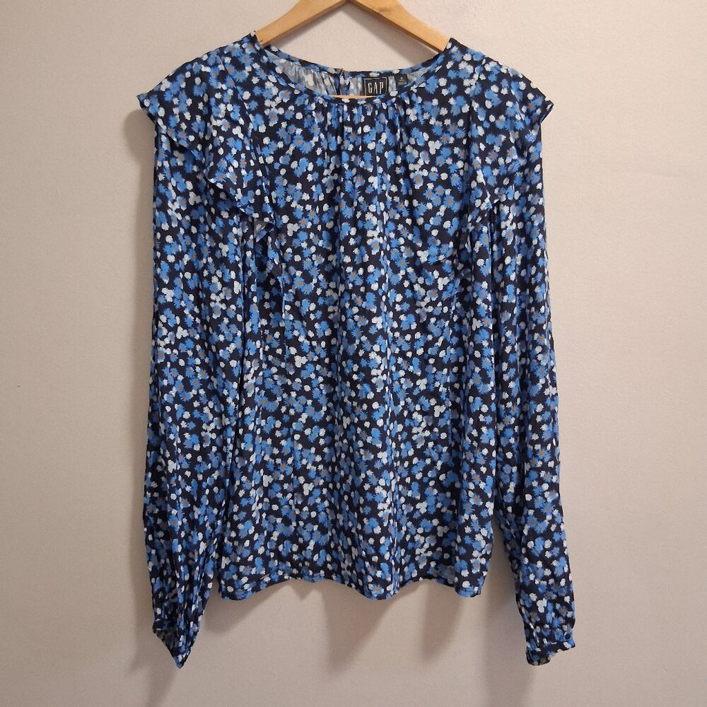 GAP Long Sleeve Ruffle Shoulder Blue Floral Daisy Blouse Size Small Tall